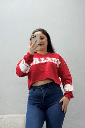 Kadın 3 İplik Şardonsuz Baskılı V Yaka Uzun Kol Crop Sweatshirt Kırmızı