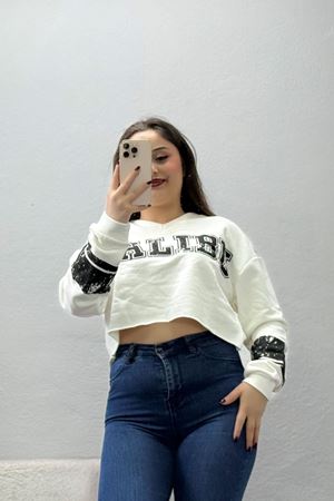 Kadın 3 İplik Şardonsuz Baskılı V Yaka Uzun Kol Crop Sweatshirt Beyaz
