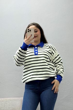Kadın Çizgili Düğmeli Triko Kazak Ekrusaks