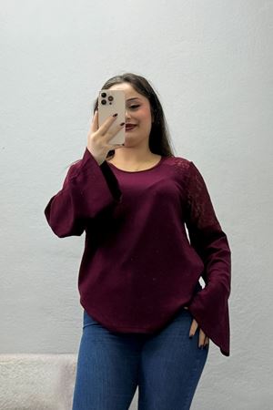 Kadın Dantel Detaylı İspanyol Kol Modal Bluz Bordo