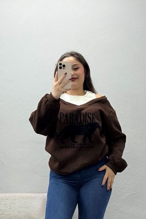 Kadın 3 İplik Baskılı Atlet Detaylı Sweat Kahve
