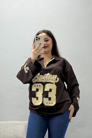 Kadın 2 İplik Baskılı Polo Yaka Oversize Sweatshirt Kahve
