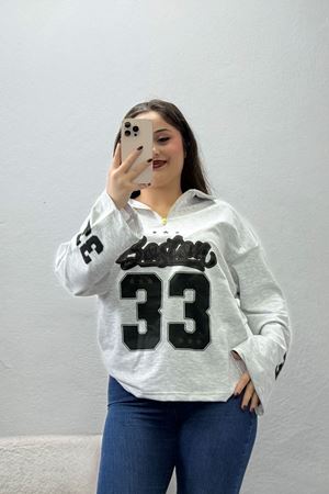 Kadın 2 İplik Baskılı Polo Yaka Oversize Sweatshirt Gri