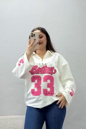 Kadın 2 İplik Baskılı Polo Yaka Oversize Sweatshirt Ekru Model TV-102813