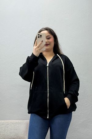 Kadın 3 İplik Şardonsuz Fermuarlı Sweat Siyah