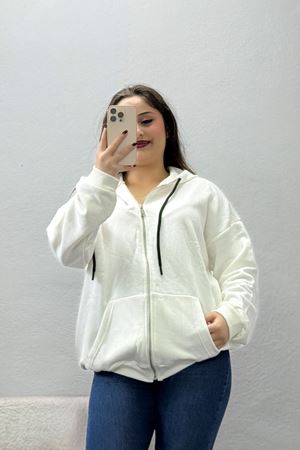 Kadın 3 İplik Şardonsuz Fermuarlı Sweat Ekru