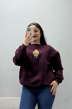 Kadın 3 İplik Şardonlu Baskılı Sweat Mürdüm