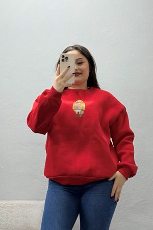 Kadın 3 İplik Şardonlu Baskılı Sweat Kırmızı