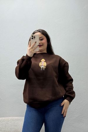 Kadın 3 İplik Şardonlu Baskılı Sweat Kahve