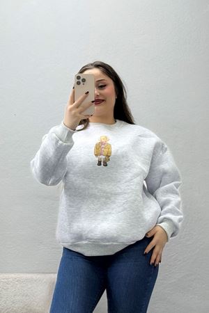 Kadın 3 İplik Şardonlu Baskılı Sweat Gri