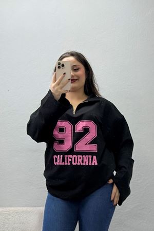 Kadın 2 İplik Baskılı Polo Yaka Oversize Sweatshirt Siyah