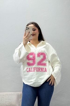 Kadın 2 İplik Baskılı Polo Yaka Oversize Sweatshirt Ekru Model TV-102927