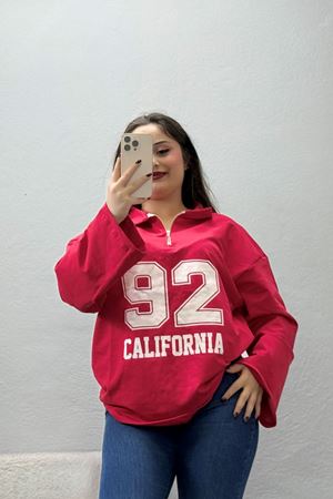 Kadın 2 İplik Baskılı Polo Yaka Oversize Sweatshirt Kırmızı