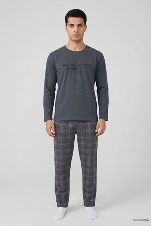 Süprem Erkek Baskılı Pijama Takımı Antrasit