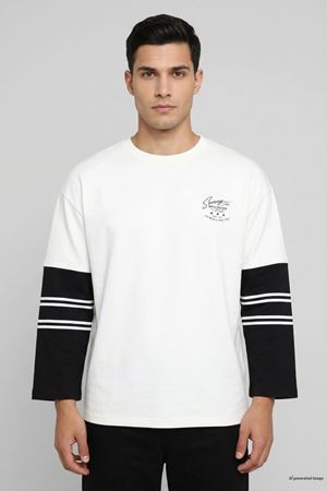 Erkek 2 İplik Salaş Kol Detay Baskılı Sweatshirt Beyaz