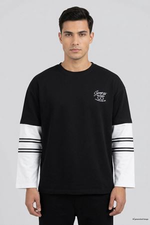 Erkek 2 İplik Salaş Kol Detay Baskılı Sweatshirt Siyah
