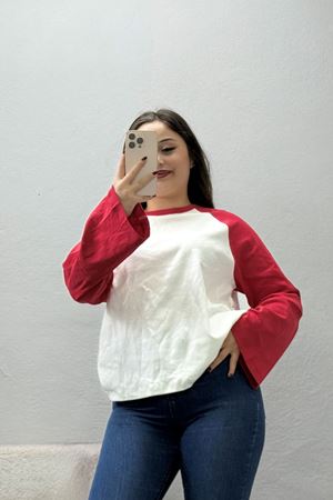 Kadın Süprem Çift Renk Sweatshirt Kırmızıbeyaz