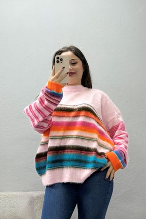 Kadın Triko Çizgili Kazak Pembe