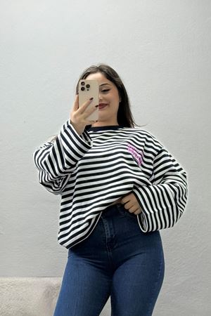 Kadın 2 İplik Çizgili Baskılı Sweat Lacibeyaz