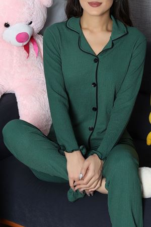 Kadın Bürümcük Düğmeli Pijama Takımı Zümrüt