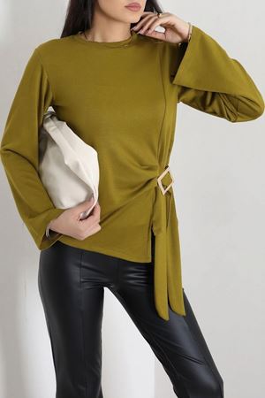 Kadın Toka Detaylı Kimono Kol Modal Bluz Yağyeşili