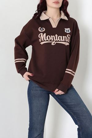 Kadın 3 İplik Şardonlu Baskılı Polo Yaka Sweatshirt Kahve