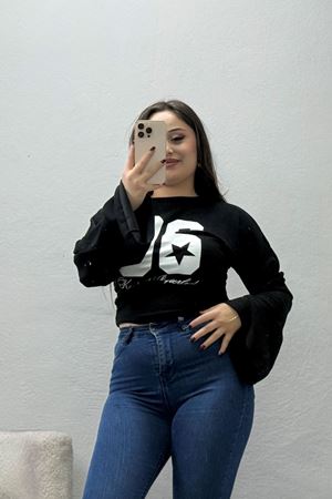 Kadın Modal Baskılı Yanlar Büzgülü Sweatshirt Siyah