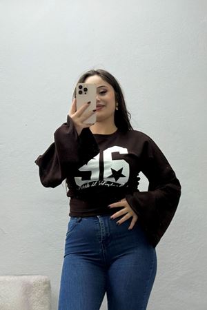 Kadın Modal Baskılı Yanlar Büzgülü Sweatshirt Kahve