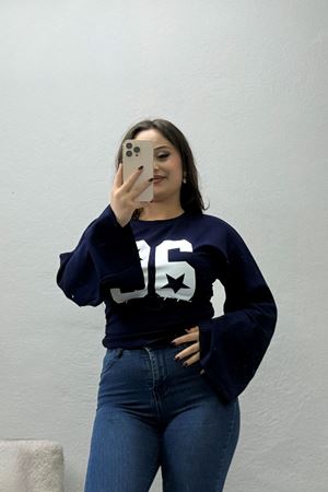 Kadın Modal Baskılı Yanlar Büzgülü Sweatshirt Lacivert