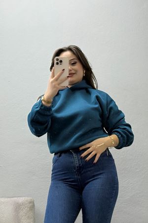 Kadın Bel Lastikli Crop 3 İplik Sweat Petrolyeşili