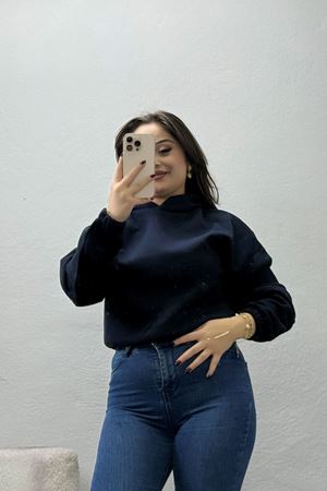 Kadın Bel Lastikli Crop 3 İplik Sweat Lacivert