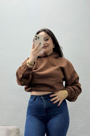 Kadın Bel Lastikli Crop 3 İplik Sweat Kahve