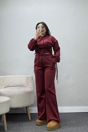 Kadın Scuba Bel Korseli Kapüşonlu Takım Bordo