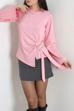 Kadın Toka Detaylı Kimono Kol Modal Bluz Pembe