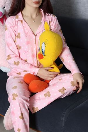 Kadın Süet Düğmeli Pijama Takımı Pembeayı