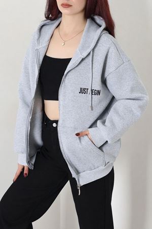 Kadın 3 İplik Şardonlu Oversize Fermuarlı Sweat Gri