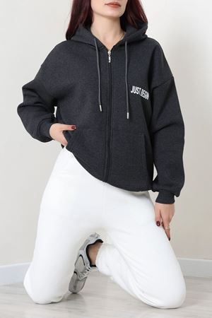 Kadın 3 İplik Şardonlu Oversize Fermuarlı Sweat Antrasit Model TV-103583