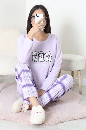 Kadın Polar Baskılı Pijama Takımı Lila