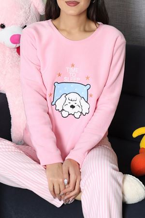 Kadın Polar Baskılı Pijama Takımı Pembe