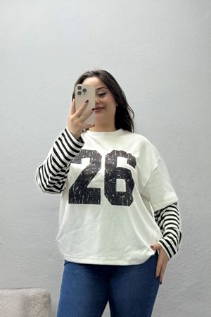 Kadın Modal Bisiklet Yaka Baskılı Çizgili Sweat Ekruanti