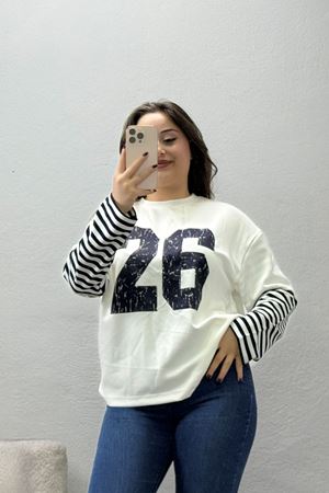 Kadın Modal Bisiklet Yaka Baskılı Çizgili Sweat Ekrulaci
