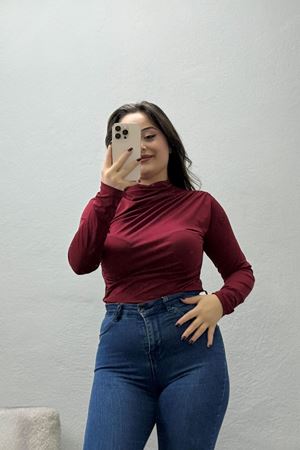 Kadın Drapeli Dik Yaka Sandy Bluz Açıkbordo