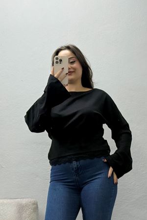 Kadın Modal Kayık Yaka Büzgülü Dantel Detaylı Uzun Kol Bluz Siyah