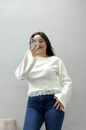Kadın Modal Kayık Yaka Büzgülü Dantel Detaylı Uzun Kol Bluz Ekru
