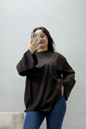 Kadın Kompakt Penye Kolağzı Geniş Salaş Oversize Pamuklu Sweat Açık Kahve