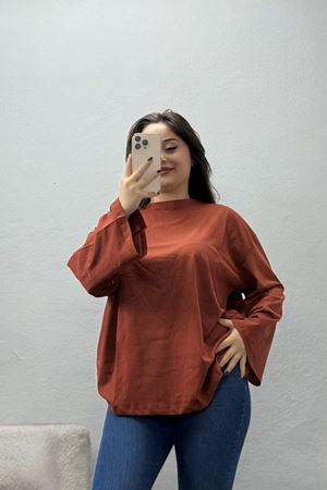 Kadın Kompakt Penye Kolağzı Geniş Salaş Oversize Pamuklu Sweat Kiremit