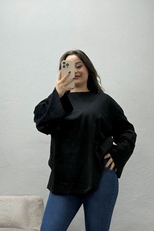 Kadın Kompakt Penye Kolağzı Geniş Salaş Oversize Pamuklu Sweat Siyah