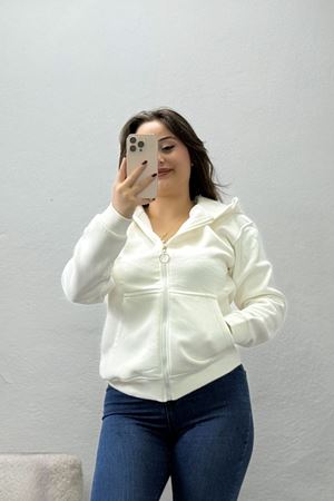 Kadın 3 İplik Kompakt Şardonlu Kapüşonlu Sweatshirt Ekru