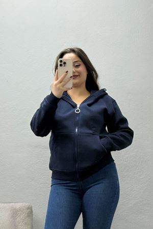 Kadın 3 İplik Kompakt Şardonlu Kapüşonlu Sweatshirt Lacivert