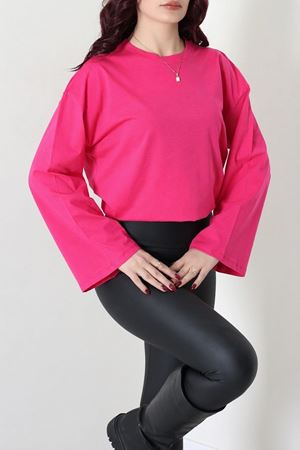 Kadın Kompakt Penye Kolağzı Geniş Salaş Oversize Pamuklu Sweat Fuşya